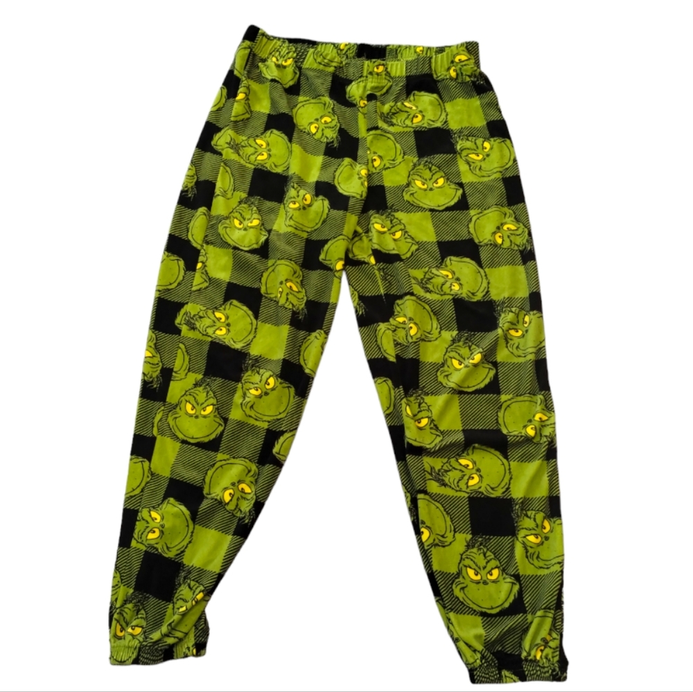 Dr Seuss Womens Black & Green Plush Fleece Sleep Pants The Grinch Pajama Bottoms